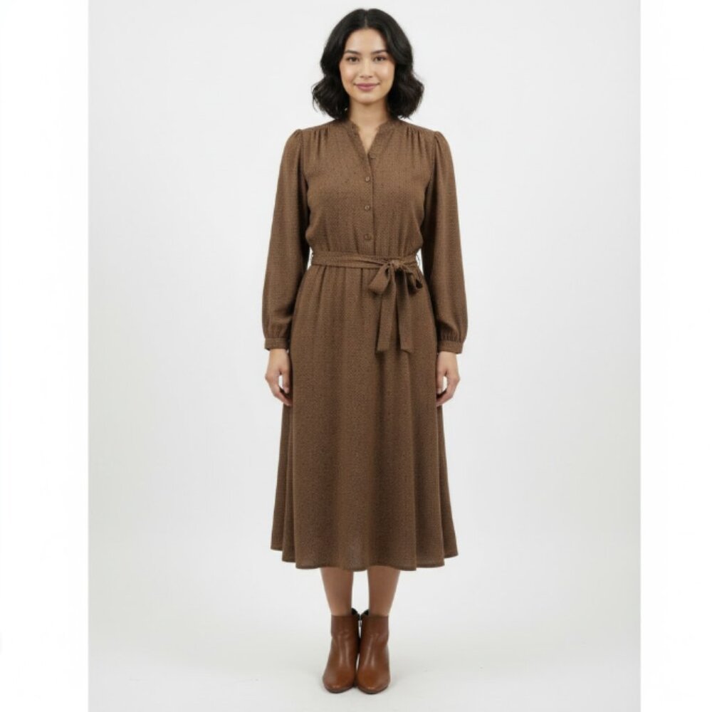 Vintage La‎ Rita size 4 Brown Polka Dot Pure Silk Belted Midi Dress Preppy